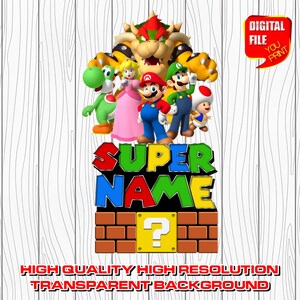 custom mario logo with name, digital mario birthday party logo, personalized super mario party decor centerpices, clipart, invitation, png