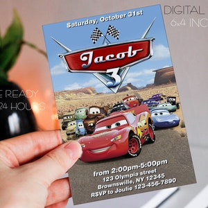 digital cars invitation, cars birthday party invitation, disney cars invite party supplies decor, party decoration, cars clipart, download