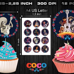 coco cupcake toppers, party supplies, birthday party, printable coco cupcake toppers, centerpieces, digital coco, coco clipart, scrapbook