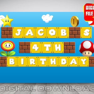 super mario backdrop, mario birthday party, mario party decoration, mario party supplies, digital mario, printable mario, super mario banner