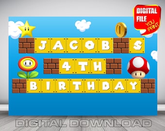 Super Mario Birthday Backdrop: Personalized Party Banner (Digital Download)