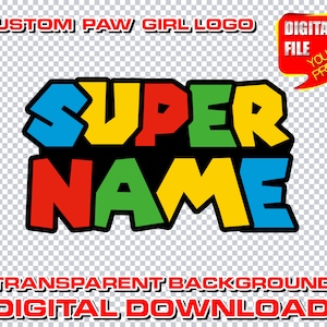 super mario logo with name, digital mario birthday party logo, personalized super mario party decor centerpices, clipart, invitation, png
