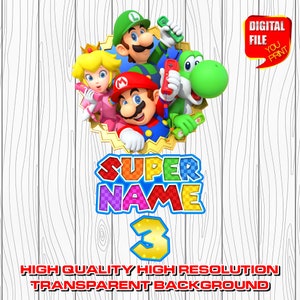 custom mario logo with name, digital mario birthday party logo, personalized super mario party decor centerpices, clipart, invitation, png