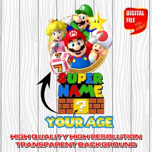 custom mario logo with name, digital mario birthday party logo, personalized super mario party decor centerpices, clipart, invitation, png