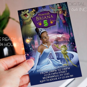tiana and the frog invitation, digital princess tiana birthday party invitation, disney princess tiana birthday party supplies decoration
