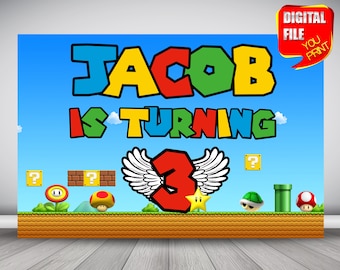 Super Mario födelsedagsbakgrundsbanderoll: Personlig festdekoration (digitalt)