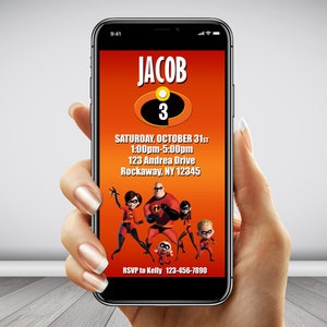 the incredibles birthday invitation, digital the incredibles birthday party invitation mobile cell phone, the incredibles party invitation