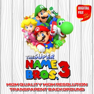 custom mario logo with name, digital mario birthday party logo, personalized super mario party decor centerpices, clipart, invitation, png