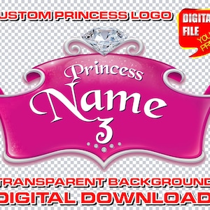 custom princess logo with name, personalized digital princess birthday party logo, princess decor centerpices, clipart birthday text name