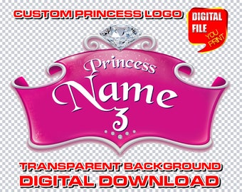 custom princess logo with name, personalized digital princess birthday party logo, princess decor centerpices, clipart birthday text name