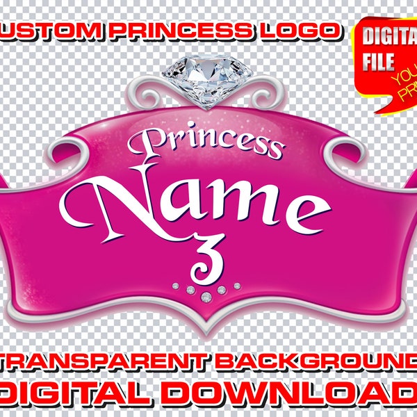 custom princess logo with name, personalized digital princess birthday party logo, princess decor centerpices, clipart birthday text name
