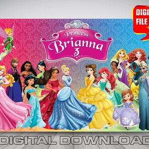 princess backdrop banner, disney princess birthday party, princesses party decoration, digital princess, frozen, cinderella, little mermaid
