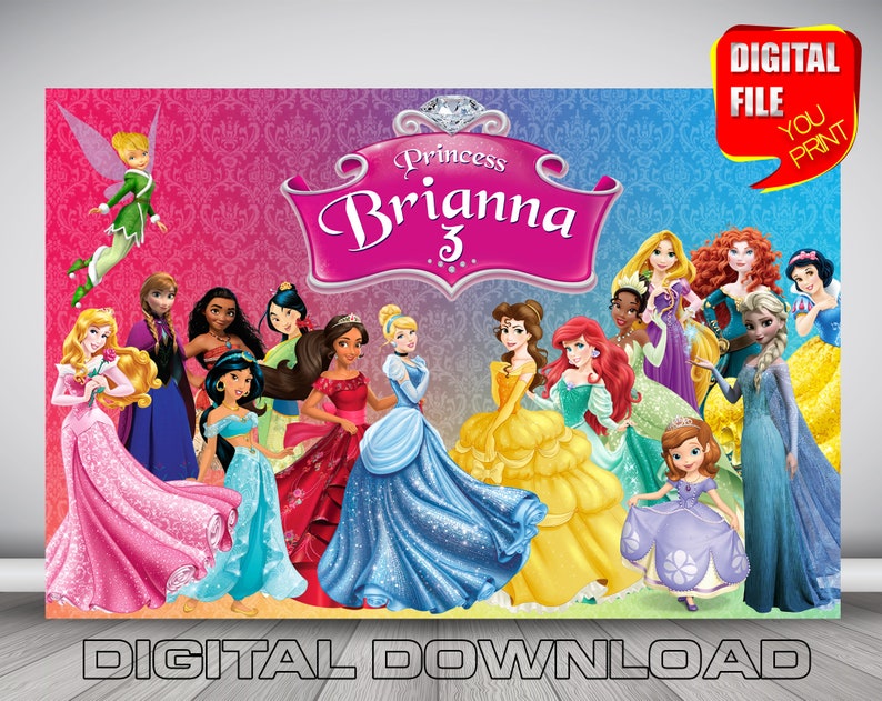 princess birthday backdrop disney princess birthday party banner party decoration digital princess frozen cinderella little mermaid