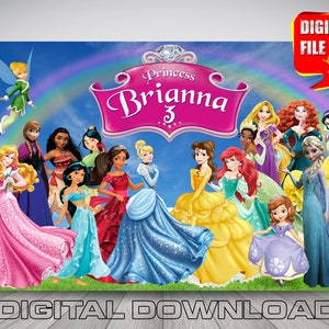 disney princess backdrop banner, princess birthday party, princesses party decoration, digital princess, frozen, cinderella, little mermaid