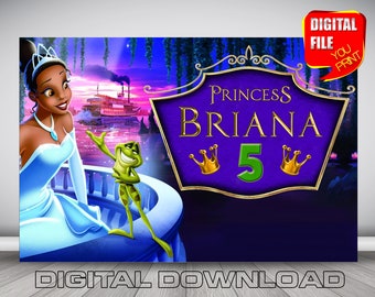 princess tiana and the frog birthday backdrop banner, princess tiana party, princess tiana party decoration, digital princess tiana and frog