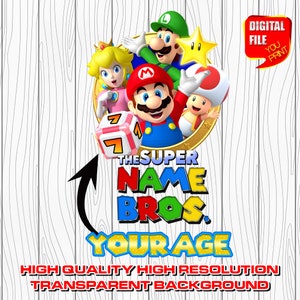 custom mario logo with name, digital mario birthday party logo, personalized super mario party decor centerpices, clipart, invitation, png