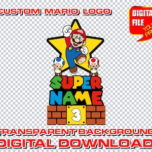 custom mario logo with name, digital mario birthday party logo, personalized super mario party decor centerpices, clipart, invitation, png
