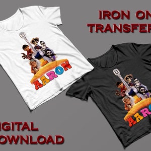 May include: Iron-on transfer design featuring characters from the animated film Coco, including Miguel, Hector, and Dante. The design includes a guitar and the name "AARON" in colourful letters.