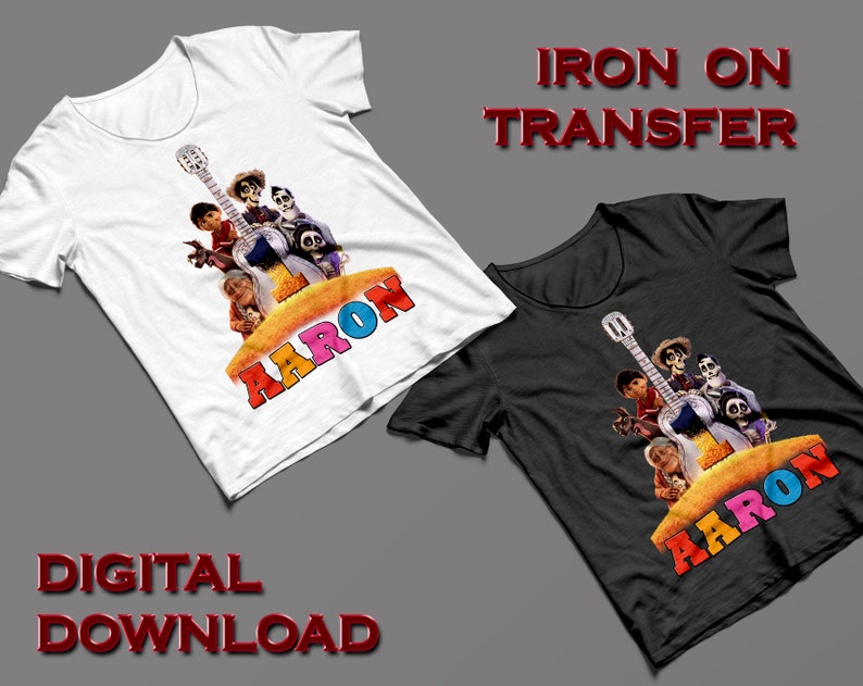 May include: Iron-on transfer design featuring characters from the animated film Coco, including Miguel, Hector, and Dante. The design includes a guitar and the name "AARON" in colourful letters.