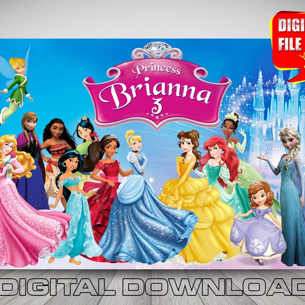 Disney Prinzessin Hintergrund Banner, Prinzessin Geburtstagsparty, Prinzessinnen Party Dekoration, digitale Prinzessin, Frozen, Cinderella, kleine Meerjungfrau