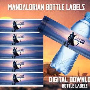 May include: Five printable water bottle labels featuring a Mandalorian character with a blue background and the text "JACOB 7". The labels are designed for a birthday party.
