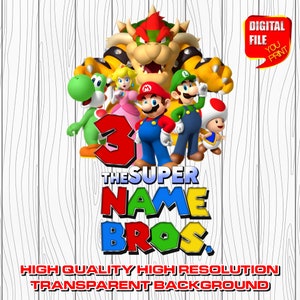 custom mario logo with name, digital mario birthday party logo, personalized super mario party decor centerpices, clipart, invitation, png