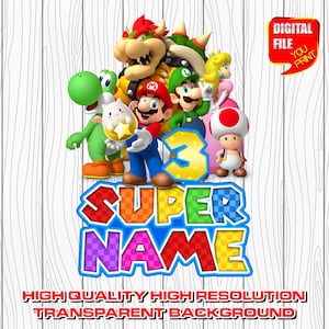 custom mario logo with name, digital mario birthday party logo, personalized super mario party decor centerpices, clipart, invitation, png