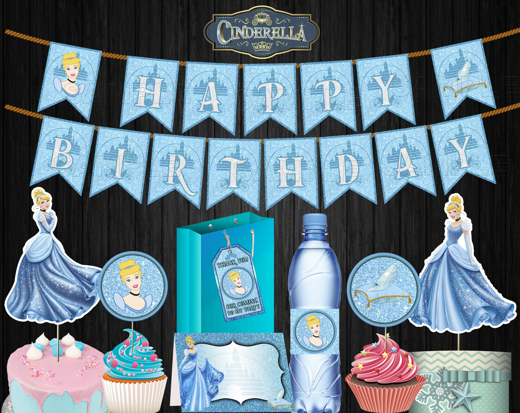 Cinderella party supplies BUNDLE, centerpieces, birthday party, printable cinderella, digital cinderella, tags, labels, clipart, decorations