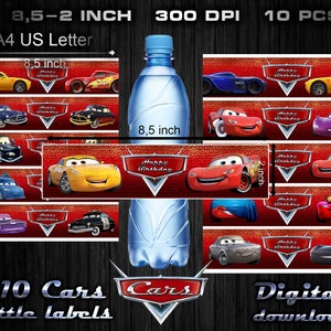 May include: Ten printable water bottle labels featuring Cars characters. The labels are 8.5 inches by 2 inches and are designed for a standard water bottle. The labels are red with gold glitter and feature different Cars characters, including Lightning McQueen, Mater, and the other racers. The labels are perfect for a Cars themed birthday party.