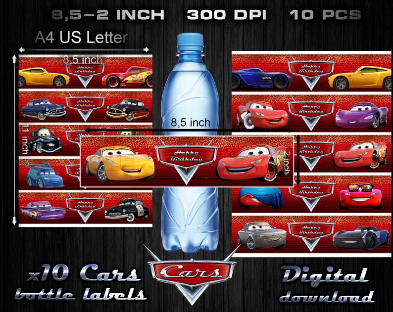 May include: Ten printable water bottle labels featuring Cars characters. The labels are 8.5 inches by 2 inches and are designed for a standard water bottle. The labels are red with gold glitter and feature different Cars characters, including Lightning McQueen, Mater, and the other racers. The labels are perfect for a Cars themed birthday party.
