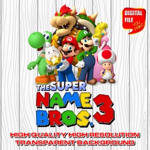 custom mario logo with name, digital mario birthday party logo, personalized super mario party decor centerpices, clipart, invitation, png