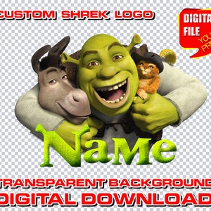 logotipo do shrek com nome, logotipo digital personalizado para festa de aniversário do shrek, centros de mesa para decoração de festa do shrek, clipart, convite para festa, shrek