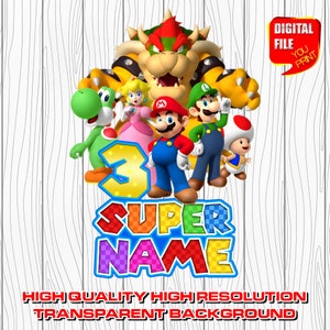 custom mario logo with name, digital mario birthday party logo, personalized super mario party decor centerpices, clipart, invitation, png