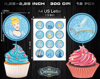 May include: Twelve 2.25 inch round cupcake toppers featuring Cinderella characters and a glass slipper on a blue glitter background. The toppers are printed at 300 DPI and are designed for A4 or US Letter size paper.