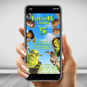 Shrek birthday invitation, shrek digital mobile birthday invitation, shrek party decoration, shrek party supplies, cell phone party invite