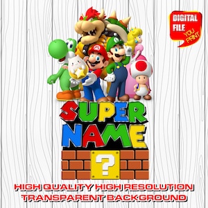 custom mario logo with name, digital mario birthday party logo, personalized super mario party decor centerpices, clipart, invitation, png