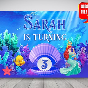 the little mermaid backdrop banner, digital printable mermaid ariel, disney princess ariel decoration party supply, birthday party, clipart