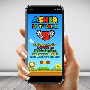 Super mario invitation, mario birthday party invitation, mario cell phone mobile smartphone invite, digital mario, printable mario party