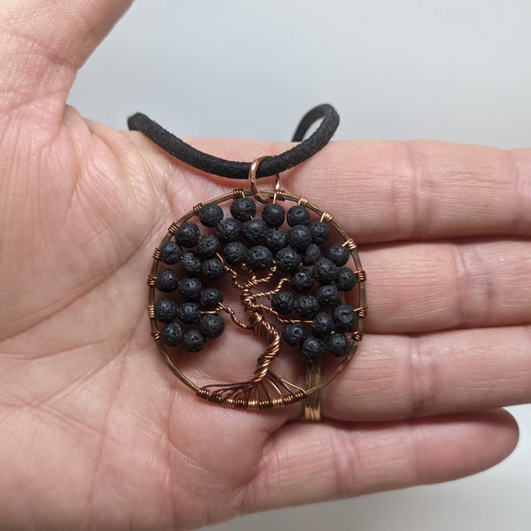 83# Lava Rock Tree of Life Pendant, Copper ring, Suede Chord Adjustable necklace with Copper Wire, Approx 18.5"-21.5" (EiC)