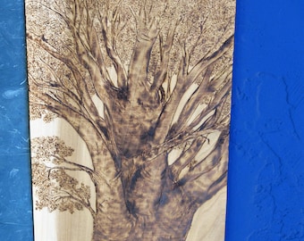 pyrography, tree, wood burning, original art,