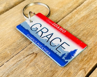 Personalized Idaho License Plate Engraved Keychain - Key Ring - Key Tag - Any Name Made to Order
