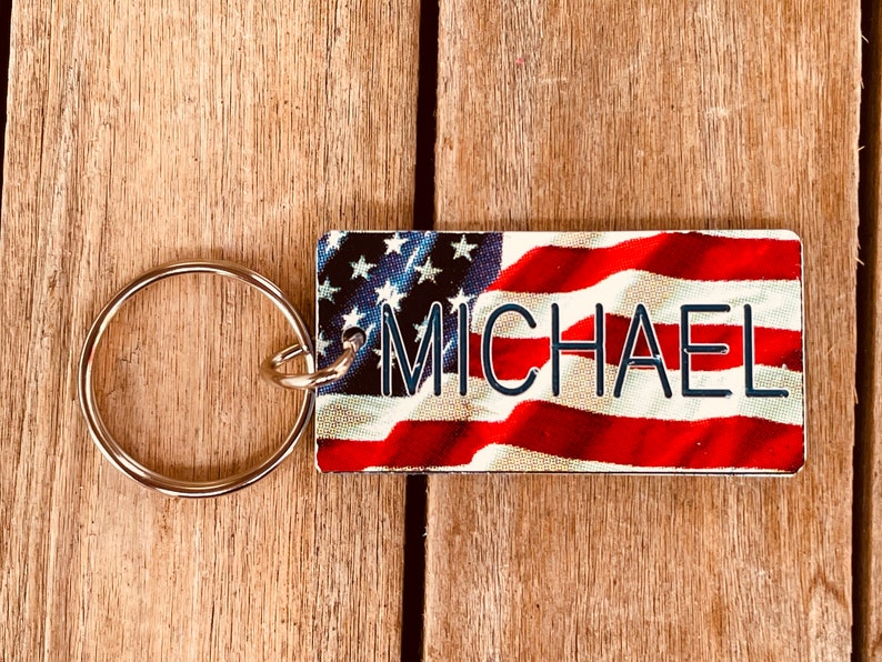 Personalized Engraved US Flag Keychain - Key Ring - Key Tag - Any Name ...