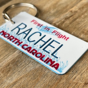 Personalized North Carolina License Plate Engrave Keychain - First In Flight - Key Ring - Key Tag - Any Name made to Order