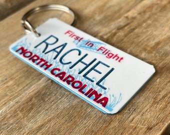 Personalized North Carolina License Plate Engrave Keychain - First In Flight - Key Ring - Key Tag - Any Name made to Order