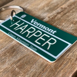 Personalized Vermont License Plate Engraved Keychain - Green Mountain State - Key Ring - Any Name Made to Order