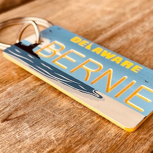 May include: A blue and yellow keychain with the text "DELAWARE BERNIE" and a small image of a beach scene.