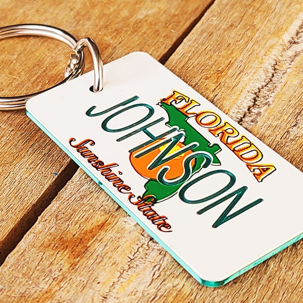 Personalized Engraved Florida Sunshine State State License Plate Keychain - Key Ring - Tag - Any Name Made to Order