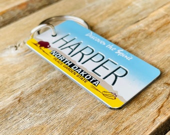 Personalized North Dakota Engraved License Plate Keychain - Peace Garden State - Key Ring -Key Tag - Any Name Made to Order