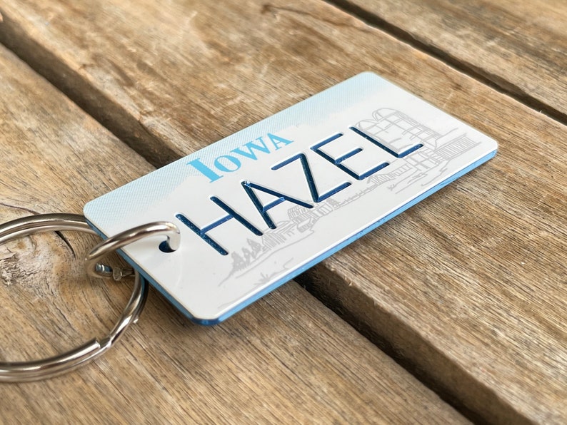 Personalized Iowa License Plate Engraved Keychain Key Tag Key Ring Any Name Made to Order
