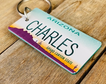 Personalized Arizona License Plate engraved Keychain - Key Ring - Tag - Any Name Made to Order